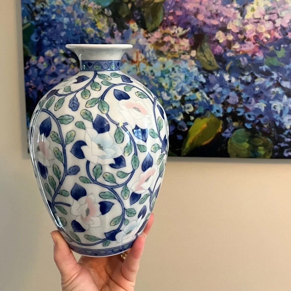 Vintage Maebata Japan Lotus Floral Andrea by Sadek Blue and White Vase